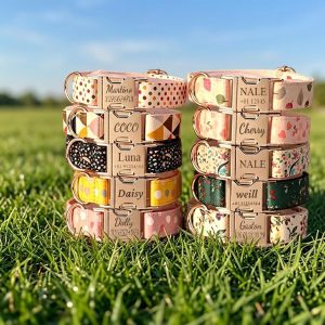 Cute Floral Polka Dot Dog Collar, Custom Laser Engraved Gold Buckle, Fresh Print Adjustable Collar for Small Medium Large Dogs